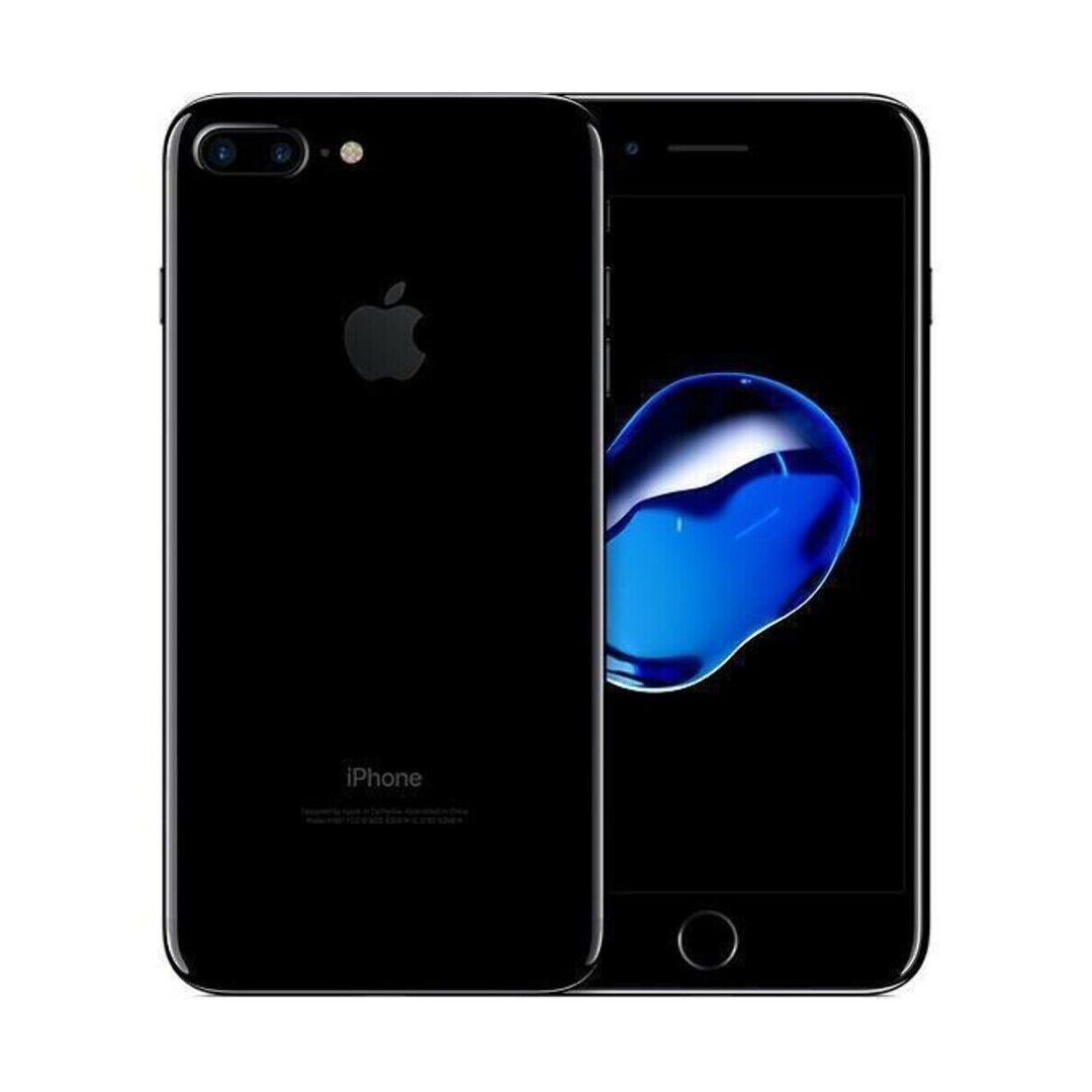 Back and front view of a black pre-owned iPhone 7 Plus