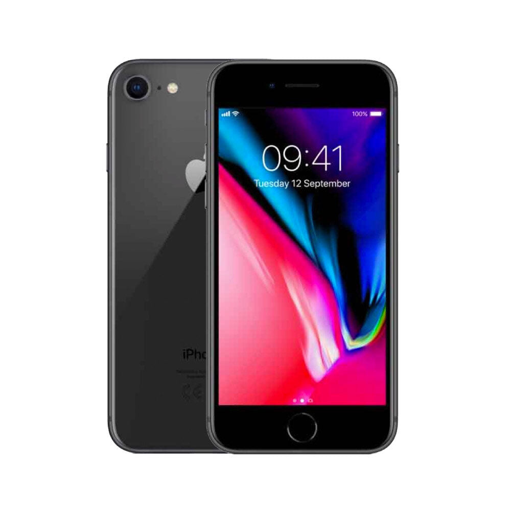 Back view of a black pre-owned iPhone 8