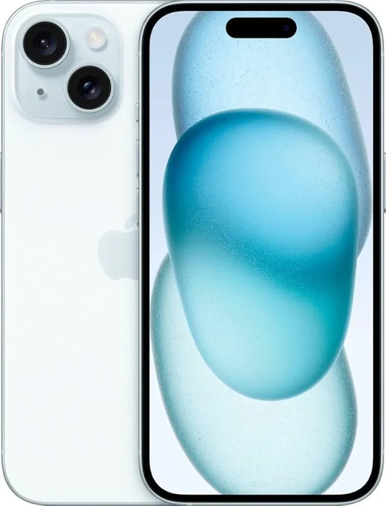 Back view of a blue pre-owned iPhone 15 128GB