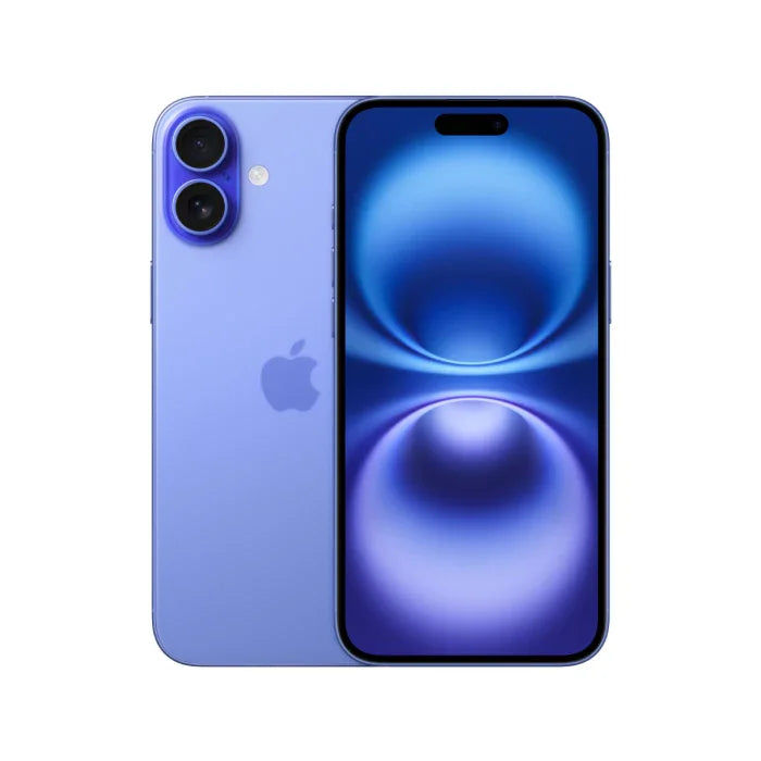 Back view of a blue pre-owned iPhone 16