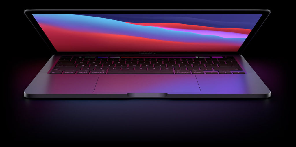 Front view of a space grey pre-owned MacBook Pro M1 2020