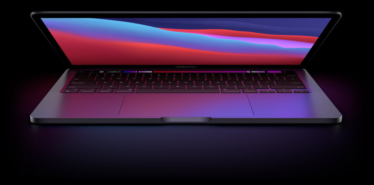Front view of a space grey pre-owned MacBook Pro M1 2020