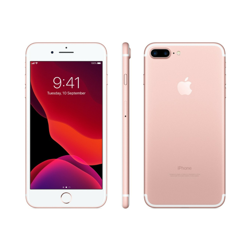 Back, side and front view of a pink pre-owned iPhone 7 Plus