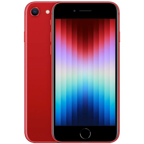 Back view of a red pre-owned iPhone SE 2022