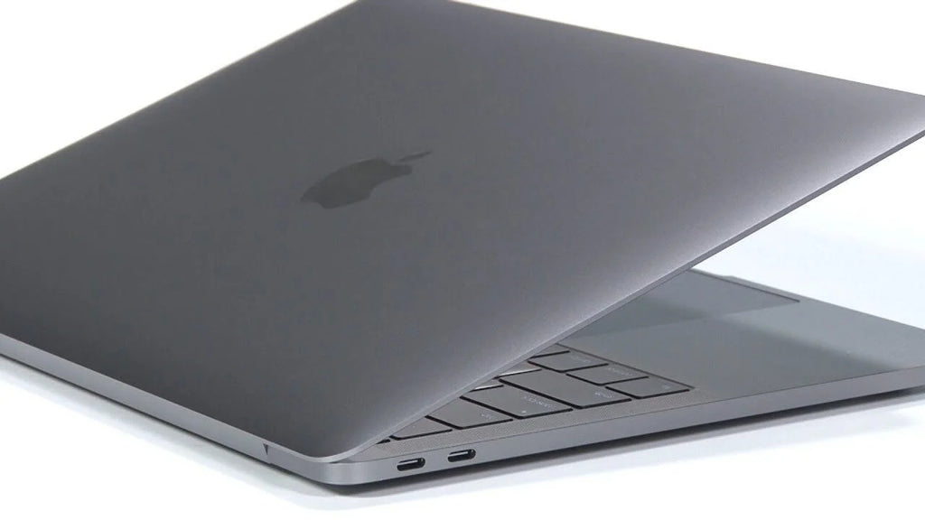 side back view of a space grey pre-owned MacBook Pro 2019 13-inch