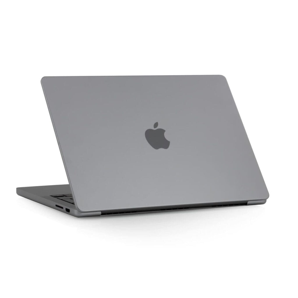 Side back view of a space grey pre-owned MacBook Pro M2 2022