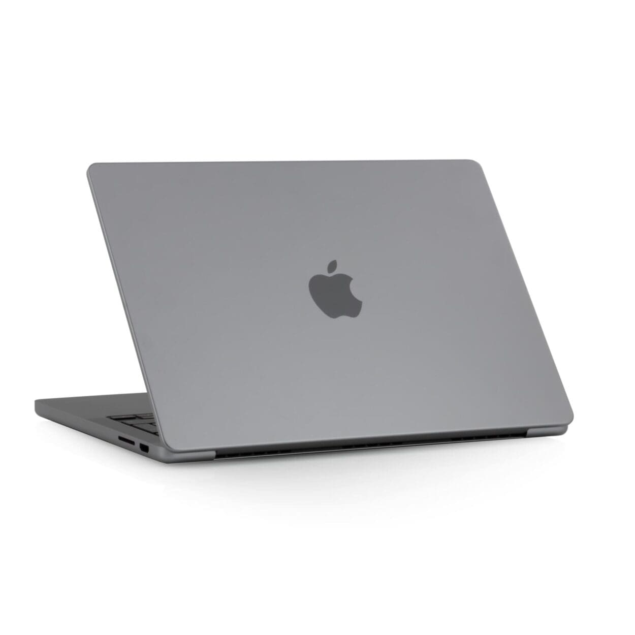 Side back view of a space grey pre-owned MacBook Pro M2 2022
