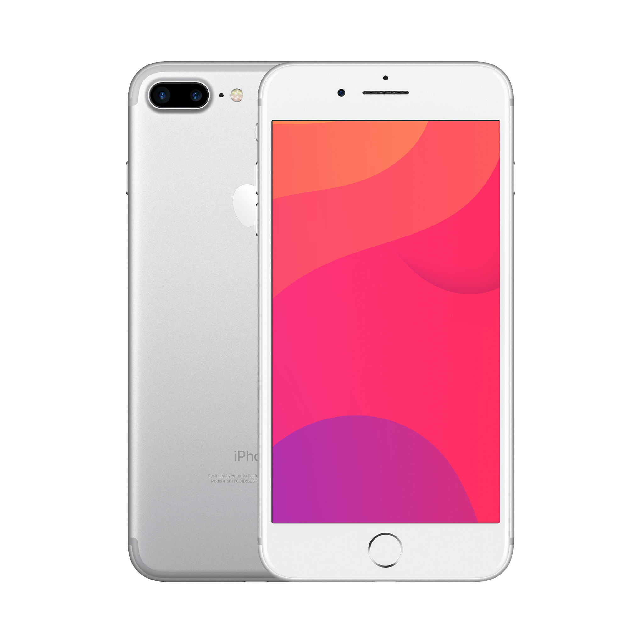 Back and front view of a silver pre-owned iPhone 7 Plus