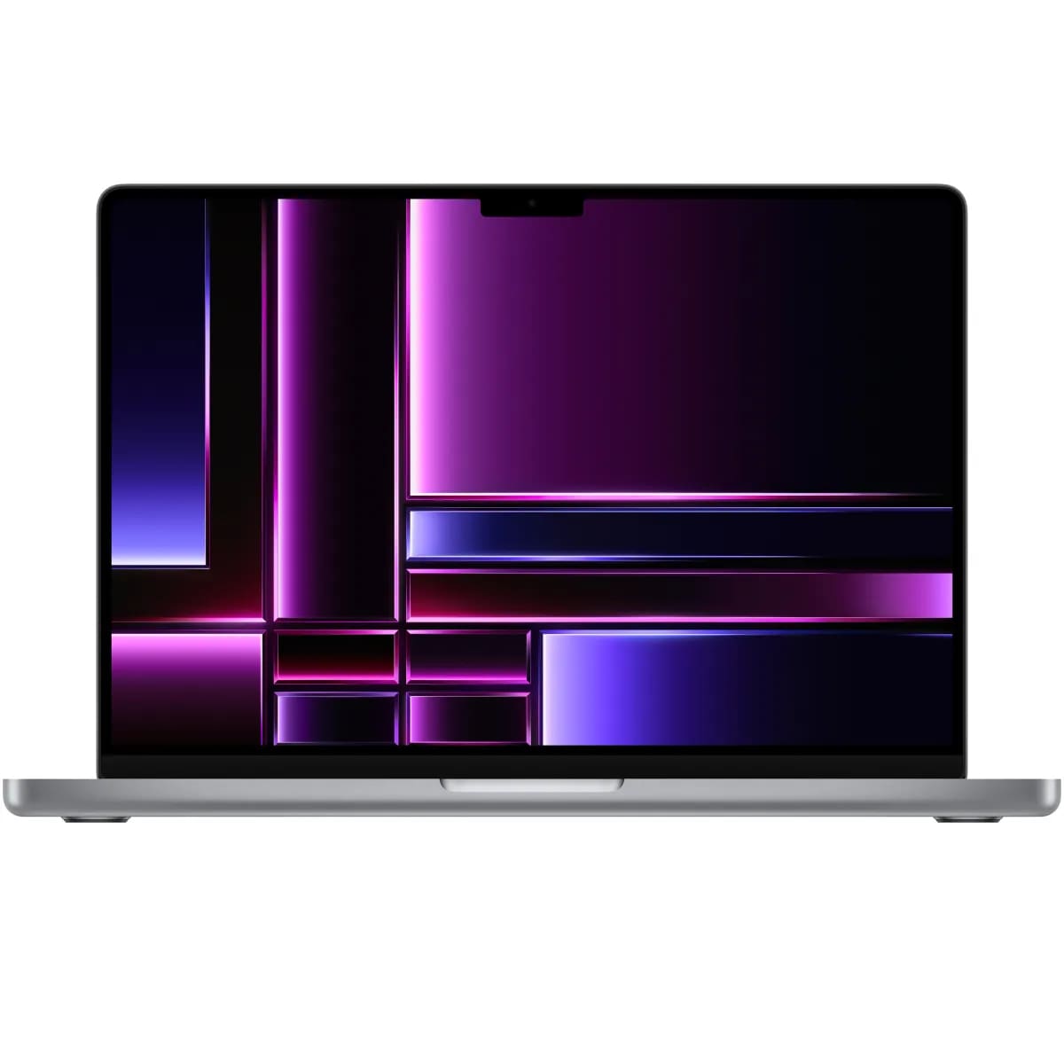 Front view of a space grey pre-owned MacBook Pro 14-inch M2