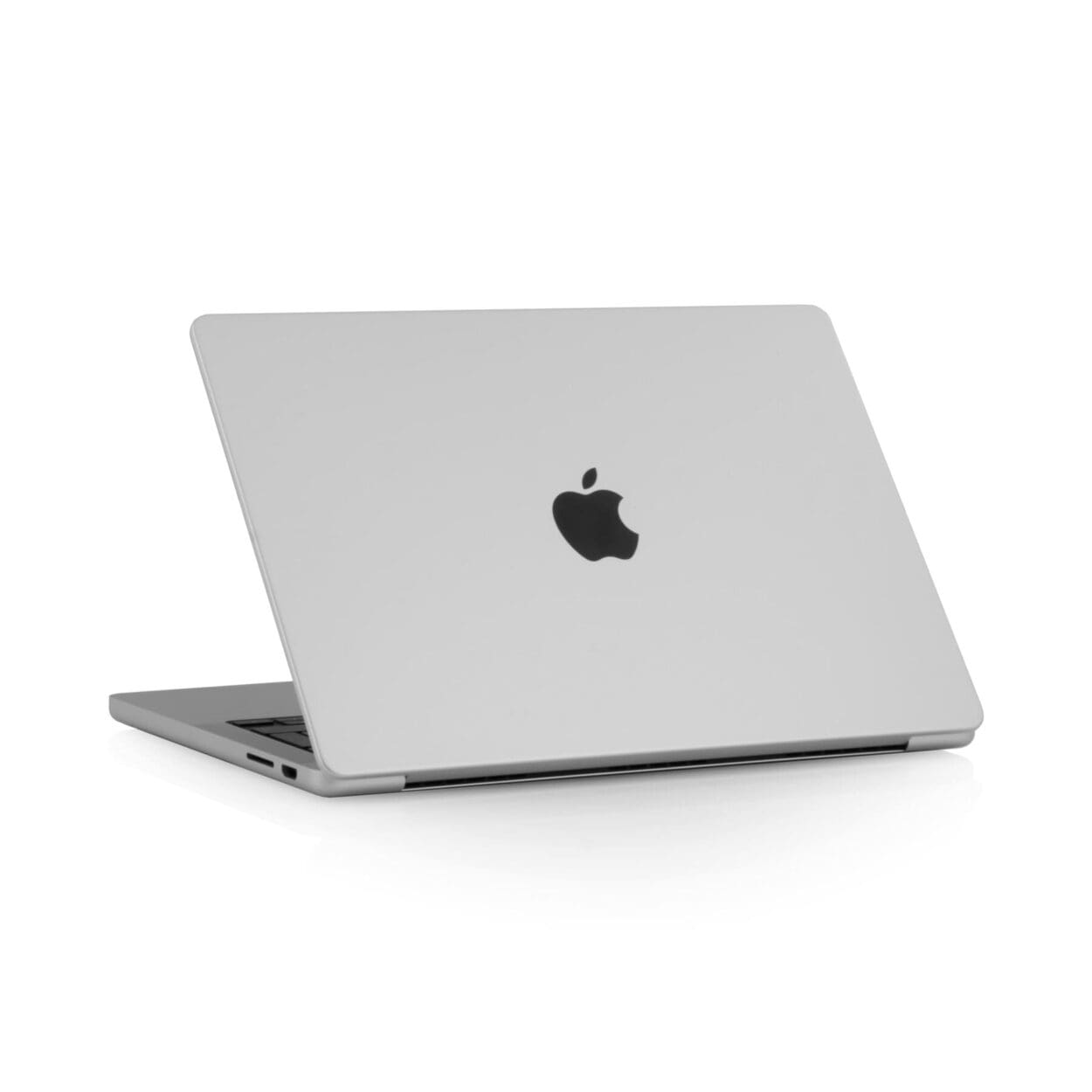 side back view of a space grey pre-owned MacBook Pro 14-inch M2