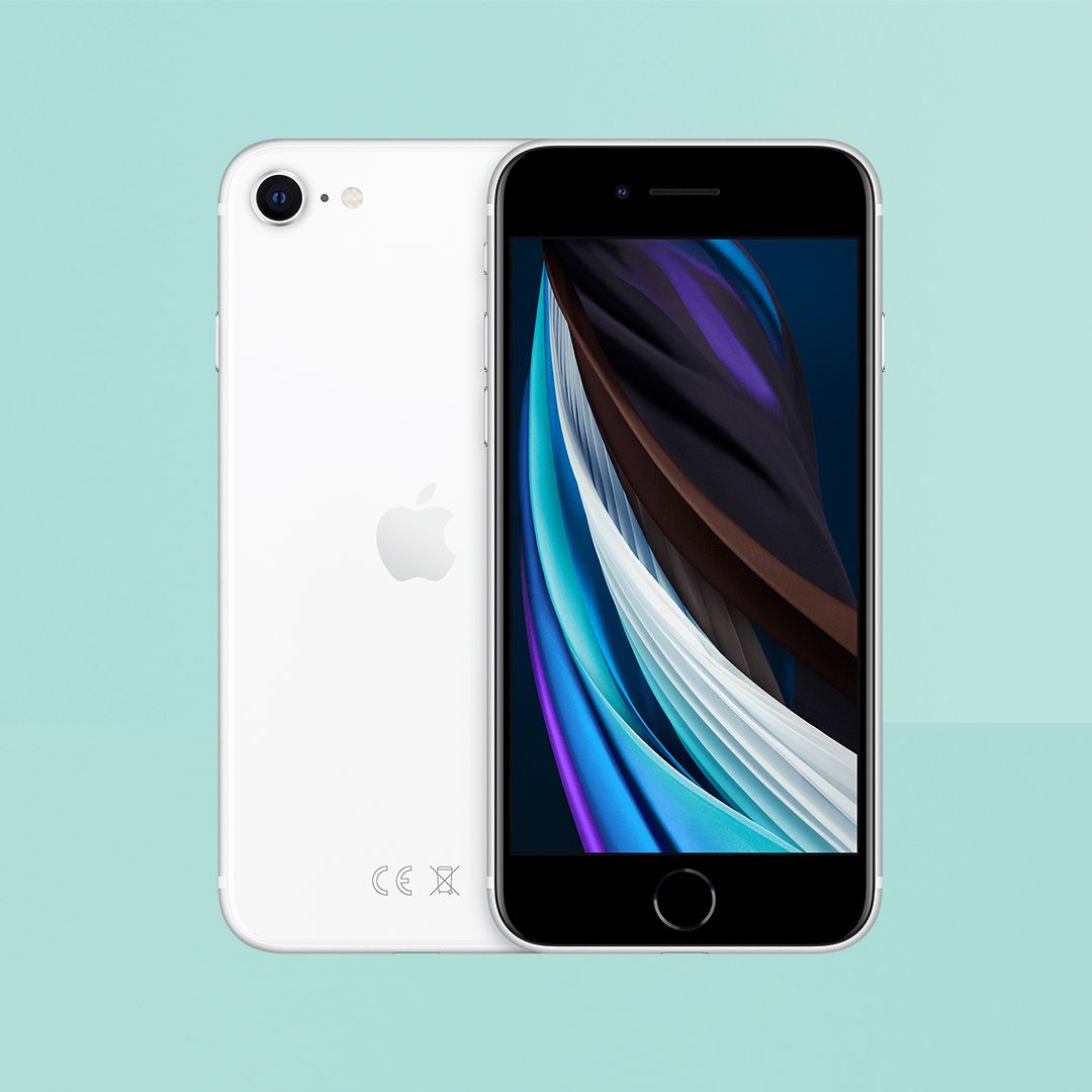 Back view of a white pre-owned iPhone SE 2020