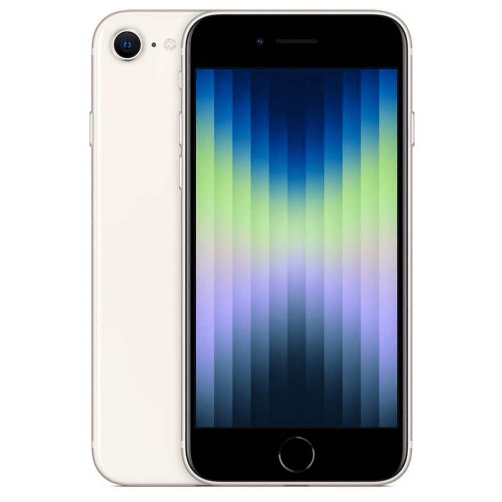 Back view of a white pre-owned iPhone SE 2022