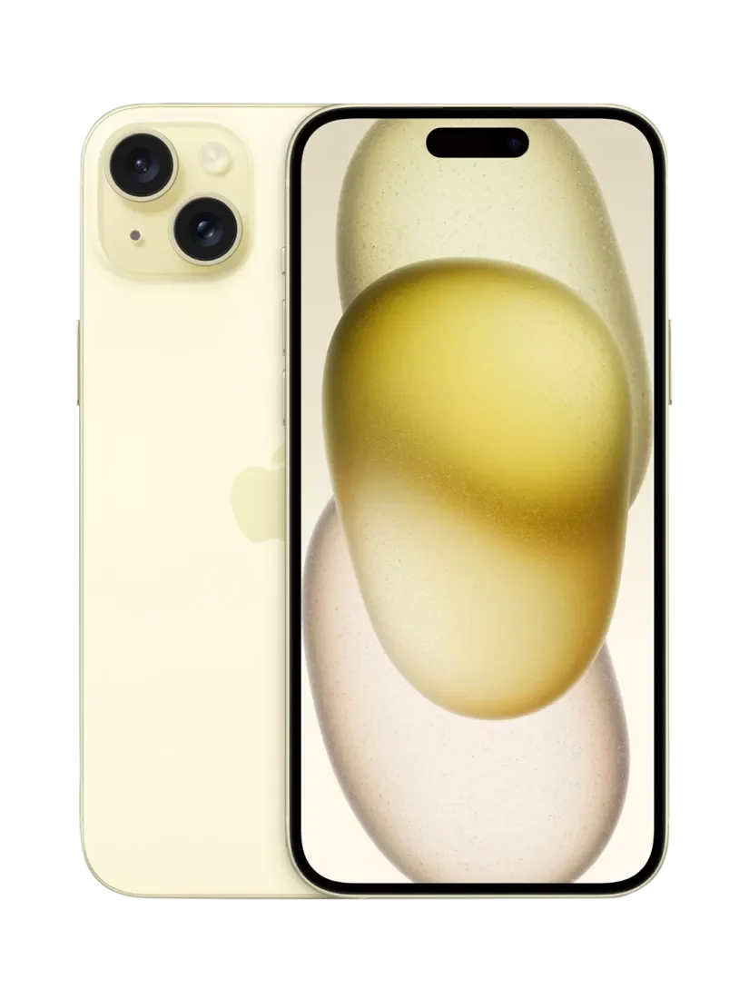 Back view of a yellow pre-owned iPhone 15 128GB